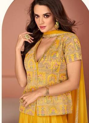 yellow embroidered georgette semi stitched party wear sharara 2