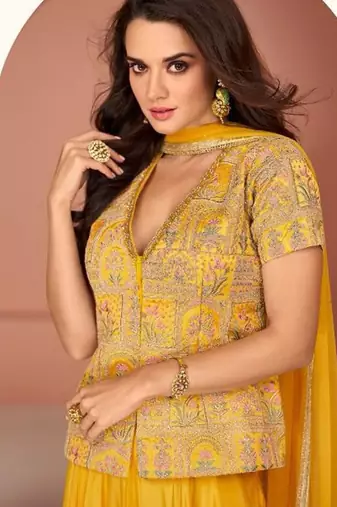 yellow embroidered georgette semi stitched party wear sharara