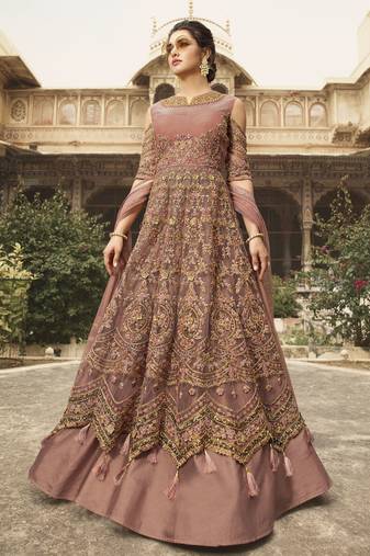 pink soft net embroidered wedding wear semi stitched gown