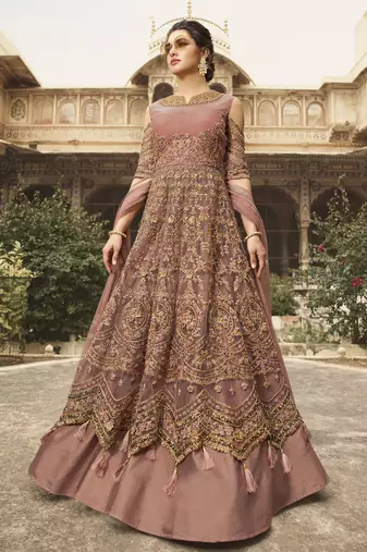 pink soft net embroidered wedding wear semi stitched gown