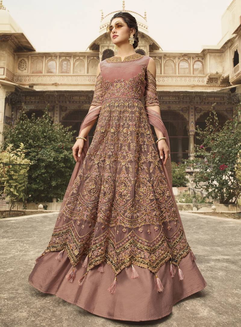 Soft premium net wedding wear gown in pink color with embroidery work