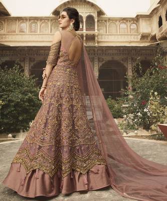 pink soft net embroidered wedding wear semi stitched gown 2