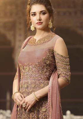 pink soft net embroidered wedding wear semi stitched gown 3