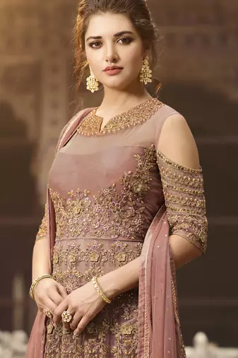 pink soft net embroidered wedding wear semi stitched gown