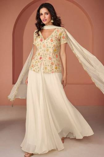 off white embroidered georgette semi stitched party wear sharara