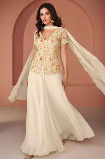 off white embroidered georgette semi stitched party wear sharara