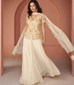 Pure georgette party wear sharara in off white color with embroidery work