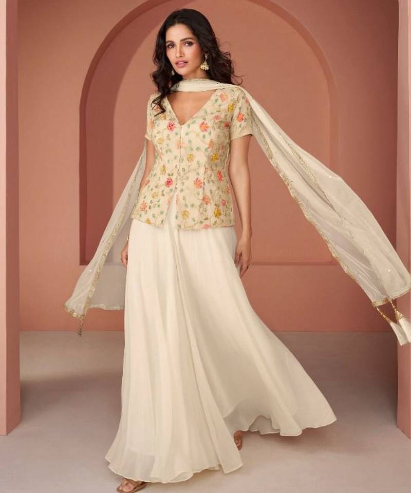 Pure georgette party wear sharara in off white color with embroidery work