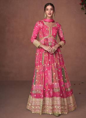 pink pure chiffon embroidered work semi stitched gown for wedding 1