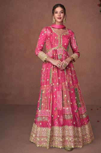pink pure chiffon embroidered work semi stitched gown for wedding