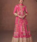 pink pure chiffon embroidered work semi stitched gown for wedding