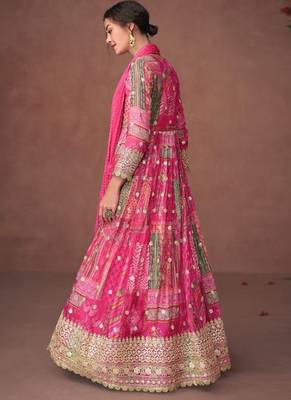 pink pure chiffon embroidered work semi stitched gown for wedding 2