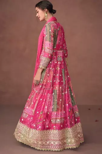 pink pure chiffon embroidered work semi stitched gown for wedding