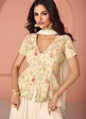 off white embroidered georgette semi stitched party wear sharara 2