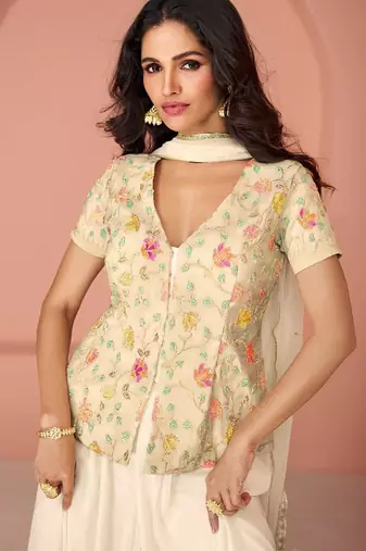 off white embroidered georgette semi stitched party wear sharara