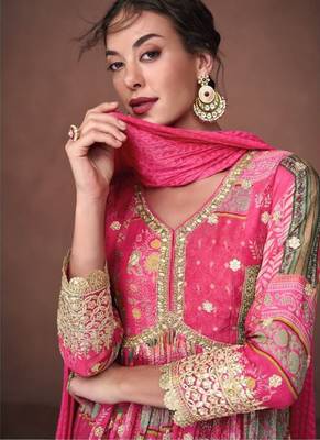 pink pure chiffon embroidered work semi stitched gown for wedding 3