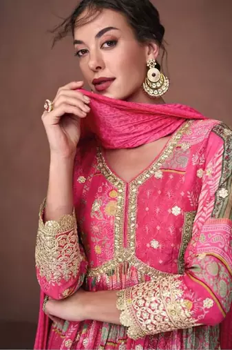 pink pure chiffon embroidered work semi stitched gown for wedding