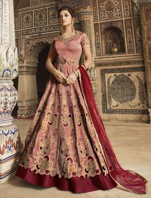 maroon wedding wear embroidery pure silk semi stitched gown 1