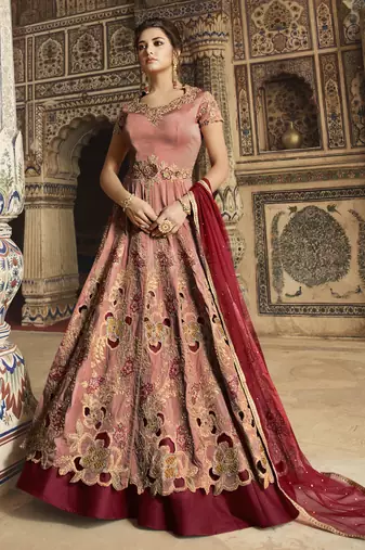 maroon wedding wear embroidery pure silk semi stitched gown