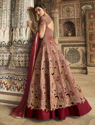 maroon wedding wear embroidery pure silk semi stitched gown 2