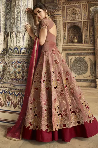 maroon wedding wear embroidery pure silk semi stitched gown