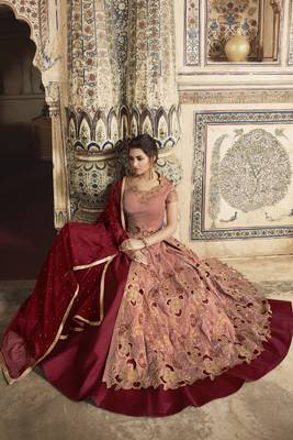 maroon wedding wear embroidery pure silk semi stitched gown 3