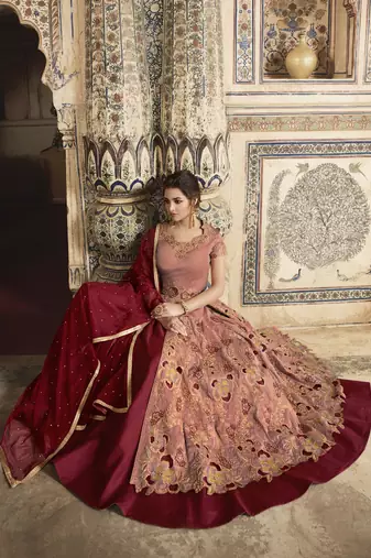 maroon wedding wear embroidery pure silk semi stitched gown