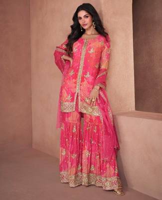 pink pure chiffon embroidered party wear sharara set 1
