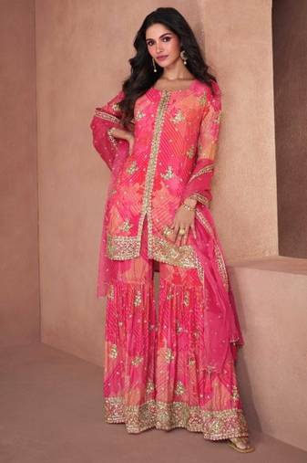 pink pure chiffon embroidered party wear sharara set