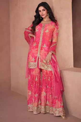 pink pure chiffon embroidered party wear sharara set