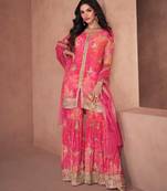 Pure chiffon party wear sharara in pink color with embroidery work