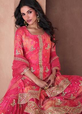 pink pure chiffon embroidered party wear sharara set 2