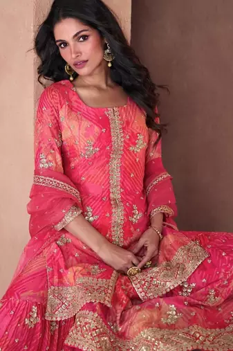 pink pure chiffon embroidered party wear sharara set