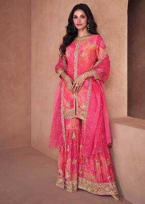 pink pure chiffon embroidered party wear sharara set 3