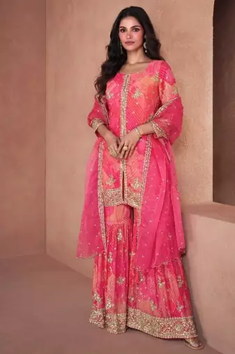 pink pure chiffon embroidered party wear sharara set