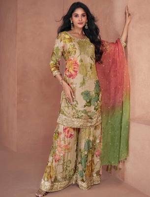 multicolor chiffon embroidered party wear sharara set 1