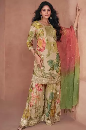 multicolor chiffon embroidered party wear sharara set