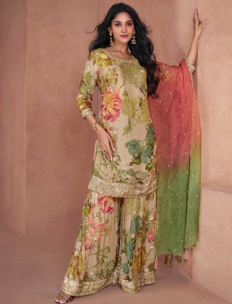 Pure chiffon party wear sharara in multicolor with embroidery work