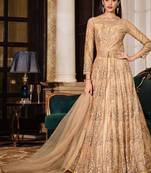 golden wedding wear soft net semi stitched gown	