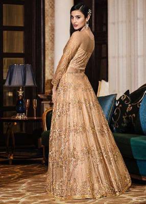golden wedding wear soft net semi stitched gown	 2