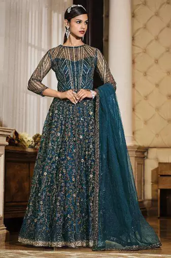 teal blue wedding wear soft net semi stitched gown	