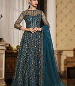 teal blue wedding wear soft net semi stitched gown	