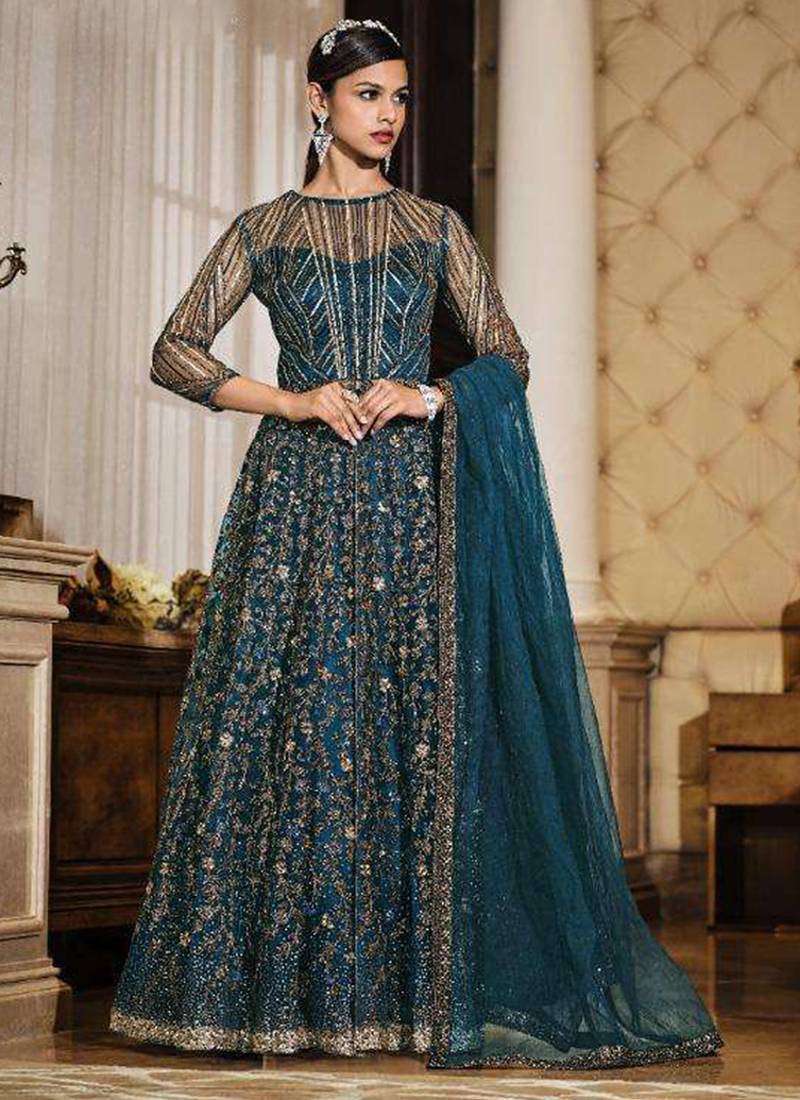 Soft premium net wedding wear gown in teal blue color with embroidery work
