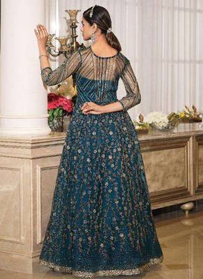 teal blue wedding wear soft net semi stitched gown	 2