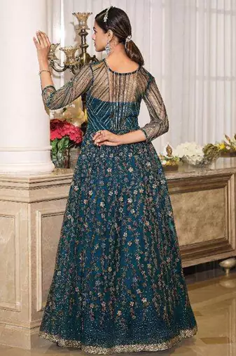 teal blue wedding wear soft net semi stitched gown	