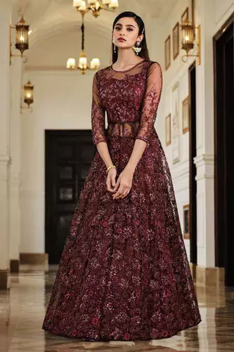 maroon wedding wear soft net semi stitched gown	