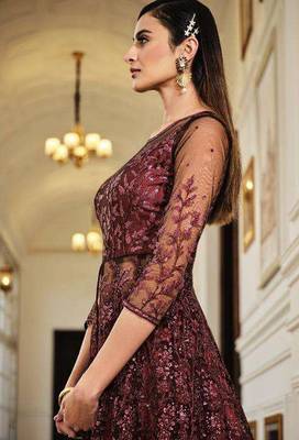 maroon wedding wear soft net semi stitched gown	 2