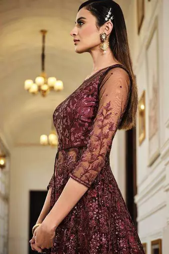 maroon wedding wear soft net semi stitched gown	