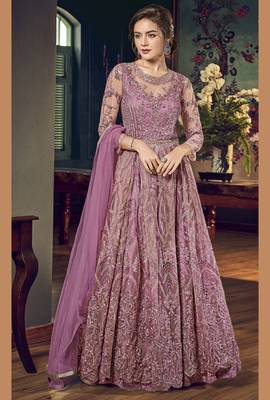purple wedding wear soft net semi stitched gown 1