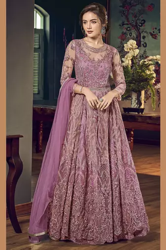 purple wedding wear soft net semi stitched gown
